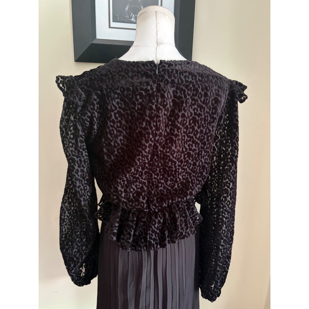 The Kooples Black Leopard Print Flocked Pleated Mini Dress Balloon Sleeve M - Picture 9 of 9